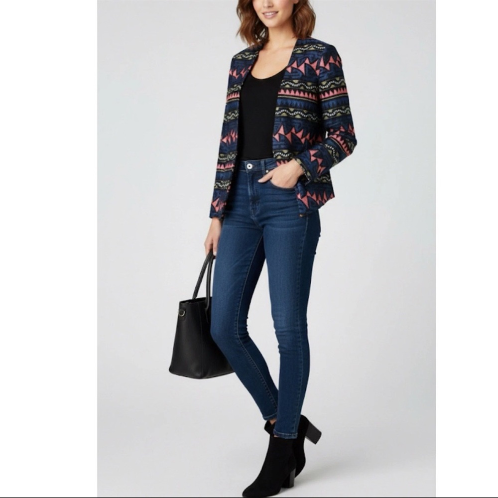 Parker NY Emmy Womens Small Crop Blazer Jacket Geometric Print 100% Linen/Silk